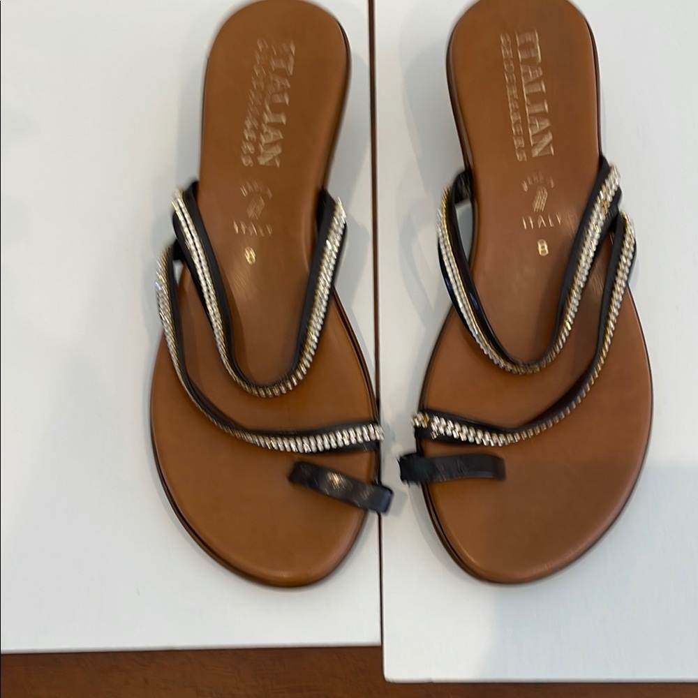 Italian Shoemakers Brown Sandals with Black Straps and Decorative Design
